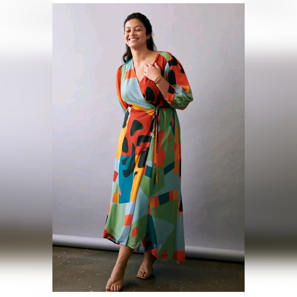 EUC ANTHROPOLOGIE Geo Wrap Maxi Dress Blue Motif Size 1X